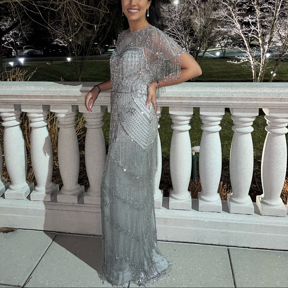 Silver Beaded Tassel Gown by Layali Boutique